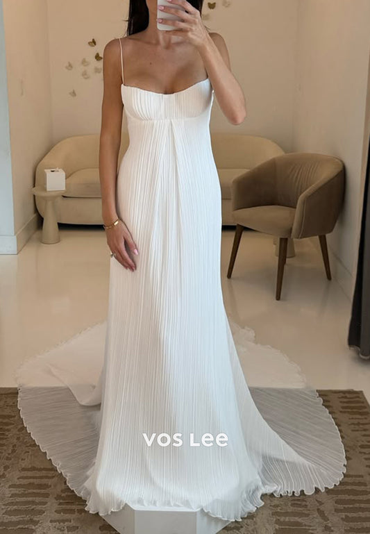 Spaghetti Straps Scoop Pleated Sheath Wedding Dresses with Sweep Train