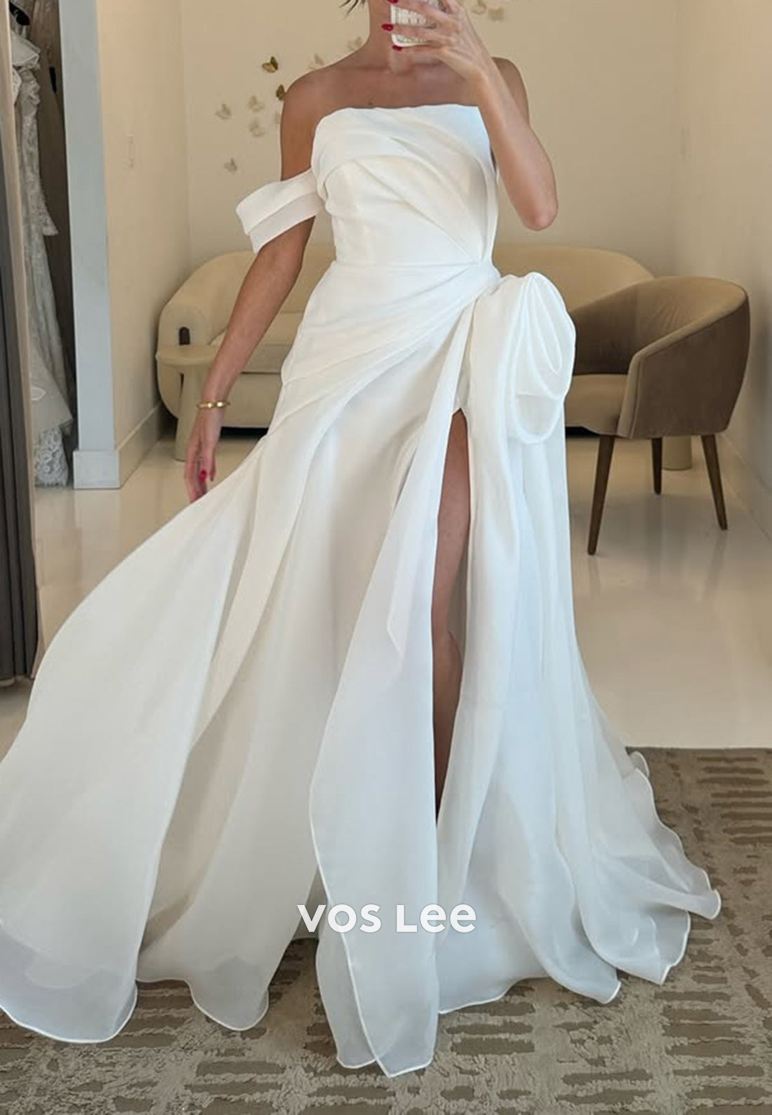 A-Line One Shoulder Flowers Embellished Pleated Wedding Dresses with High Split