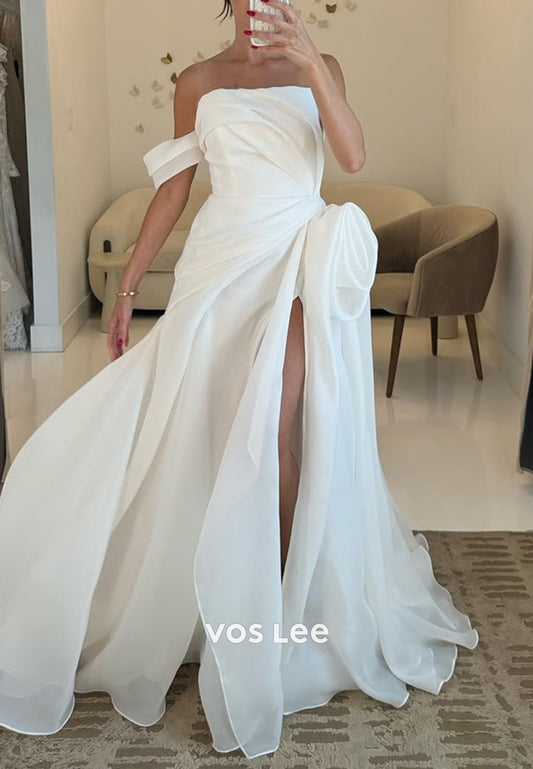 A-Line One Shoulder Flowers Embellished Pleated Wedding Dresses with High Split