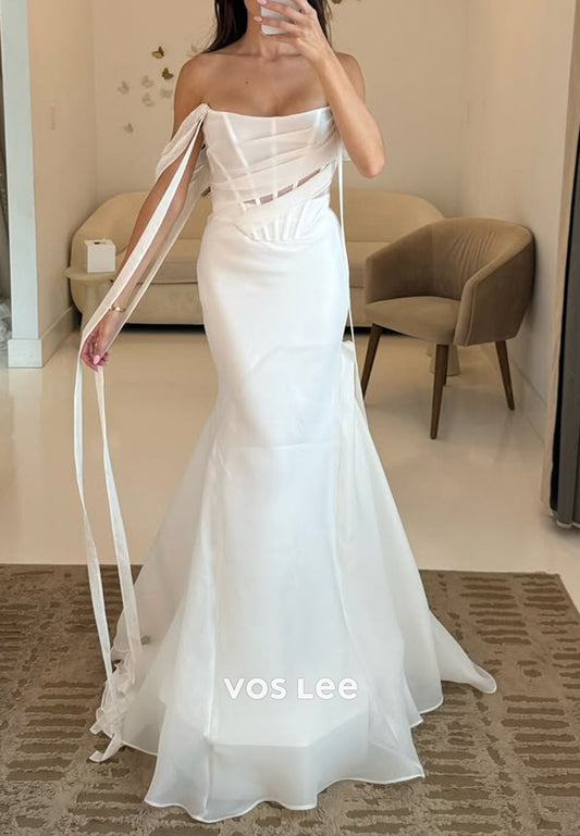 Illusion Cutout Scoop Pleated Mermaid Wedding Dresses with Sweep Train