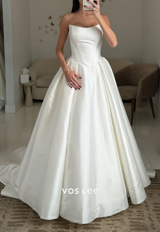 Classic & Simple A-Line Tube Top Scoop Wedding Dresses with Chapel Train