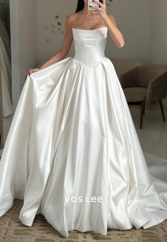 A-Line Tube Top Bodice Pleated Wedding Dresses with Chapel Train