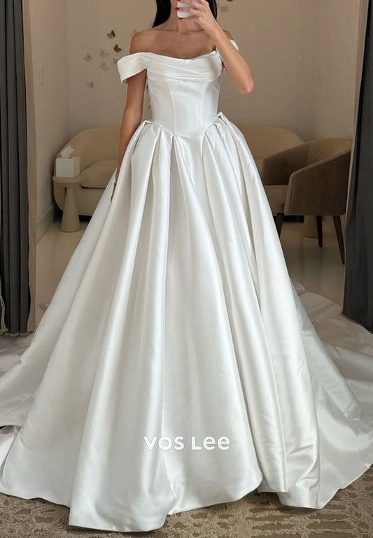 A-Line Off the Shoulder Satin Pleated Wedding Dresses with Chapel Train