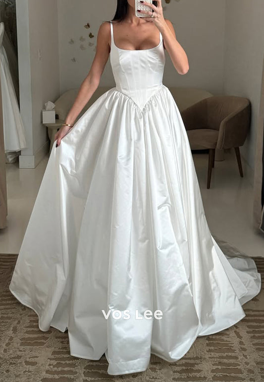 A-Line Sleeveless Square Pleated Wedding Dresses with Chapel Train