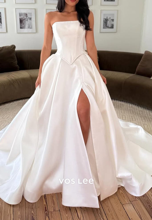 A-Line Tube Top High Split Pleated Wedding Dresses with Chapel Train