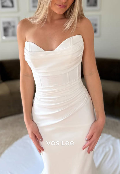 Sweetheart Strapless Pleated Mermaid Wedding Dresses with Detachable Court Train