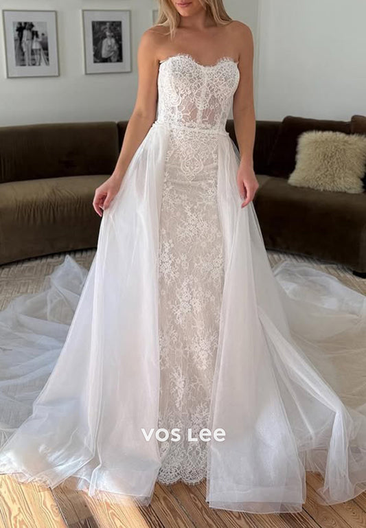 Strapless Sweetheart Lace Appliques Mermaid Wedding Dresses with Court Train