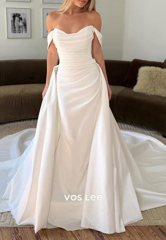 Elegant Off the Shoulder Pleated Mermaid Wedding Dresses with Court Train