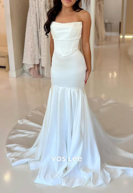 Strapless Scoop Pleated Satin Mermaid Wedding Dresses with Court Train