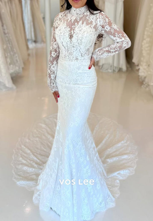 Illusion Neck Long Sleeve Appliques Lace Mermaid Wedding Dresses with Sweep Train