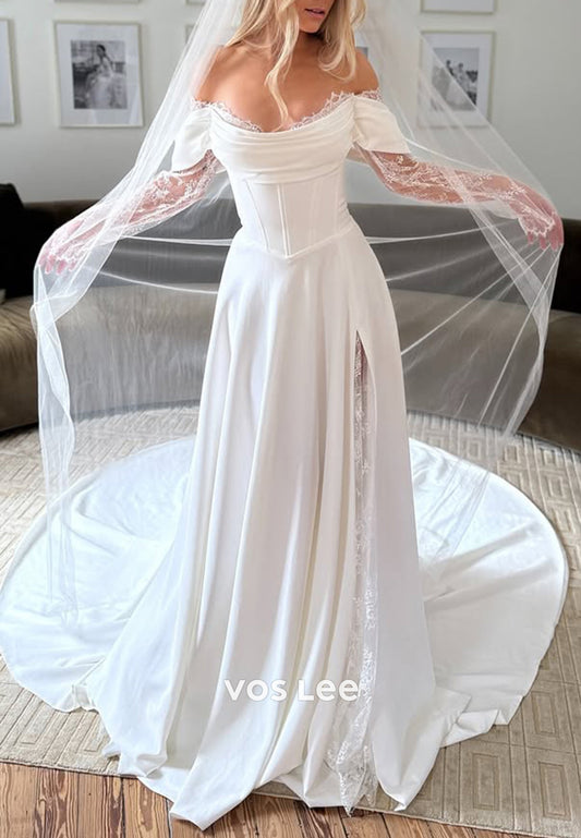 Long Sleeve Lace Off the Shoulder Ruched Sheath Wedding Dresses with Side Split