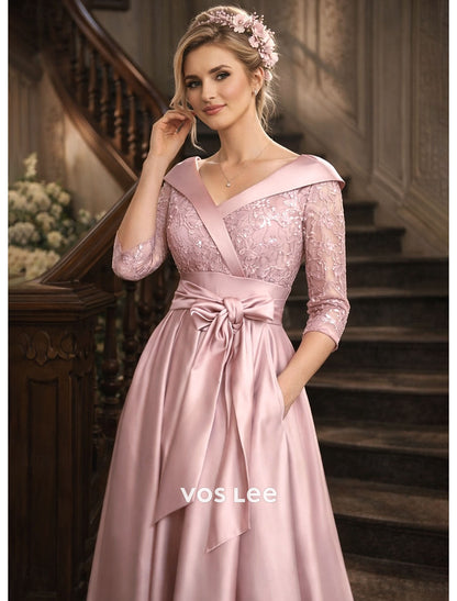 Blush Pink Satin V-Neck Pocketed Mother of the Bride Dress with Lace Bodice Gown