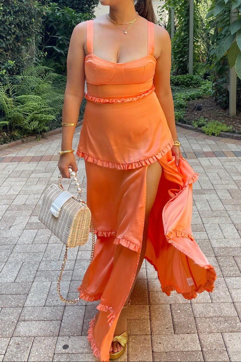 Cantaloupe Orange Corset Tiered Long Party Dresss
