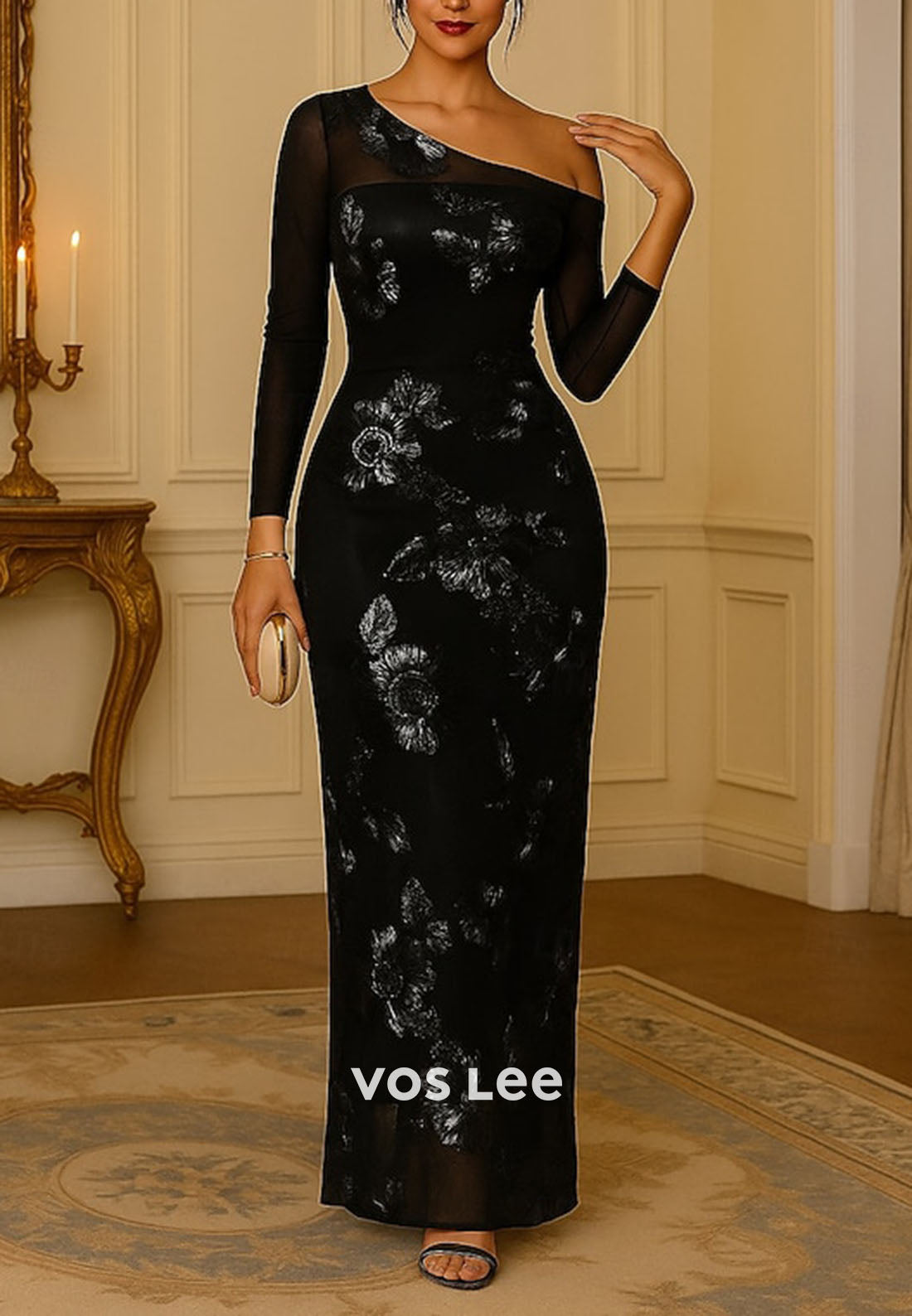 One-Shoulder Sheer Long Sleeves Sheath Flower Embroidery Evening Dress