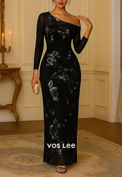 One-Shoulder Sheer Long Sleeves Sheath Flower Embroidery Evening Dress