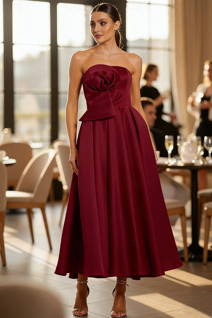 Burgundy Strapless Tea-Length Cocktail Dress | A-Line Formal Gown with Bow Detail