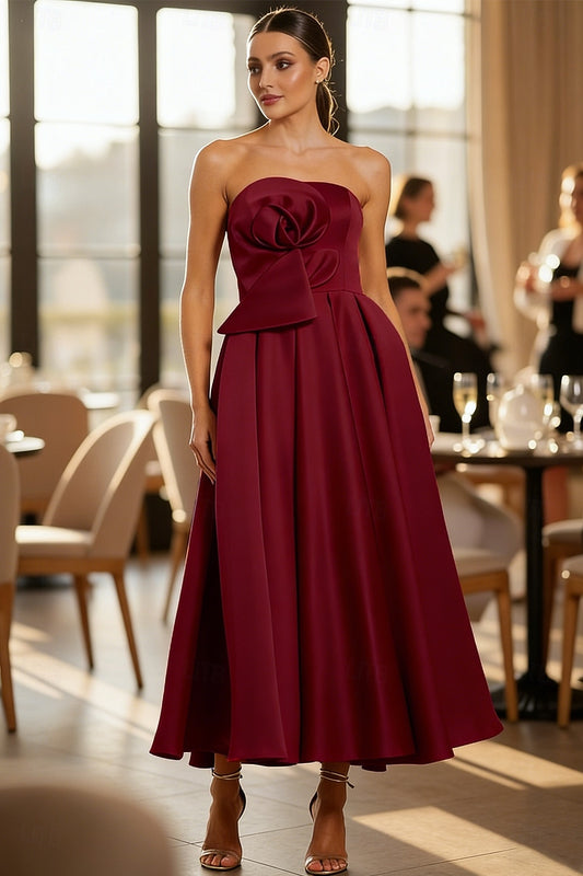 Burgundy Strapless Tea-Length Cocktail Dress | A-Line Formal Gown with Bow Detail