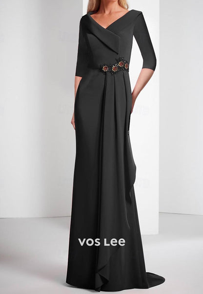 Long Sleeves Floral Embossed Formal Pleated Evening Dress  with Sweep Train