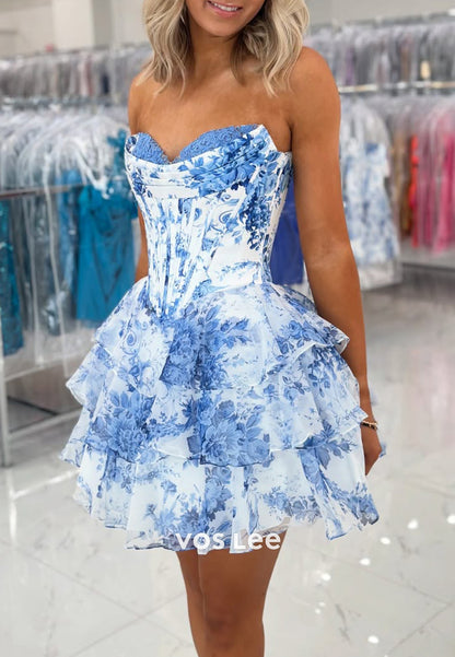 A-Line Strapless Sweetheart Appliqued Tiered Homecoming Dresses