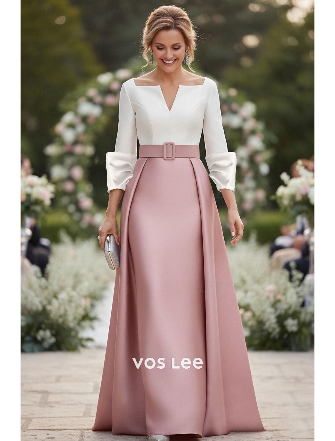 White & Blush Pink Two-Tone Formal Gown | Notched Neckline Bell Sleeve Maxi Dress with Belt