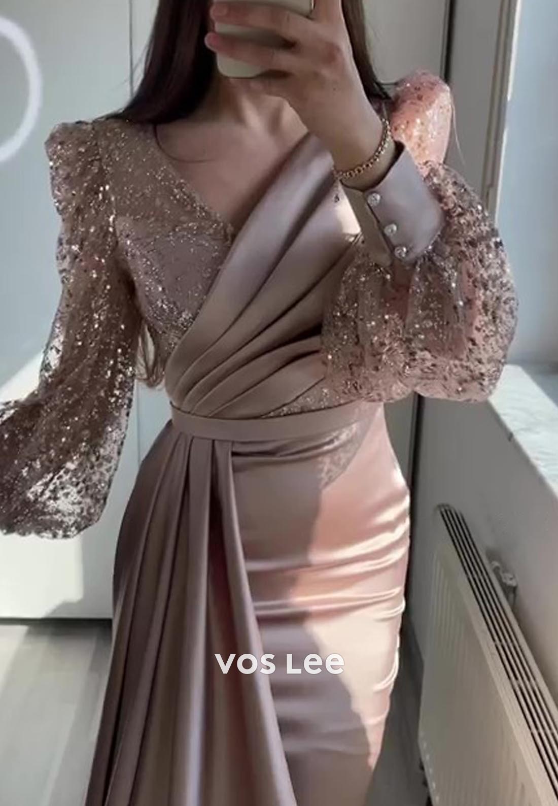 Long Sleeves Ruched Sequined Mermaid Evening Dress with Sweep Train