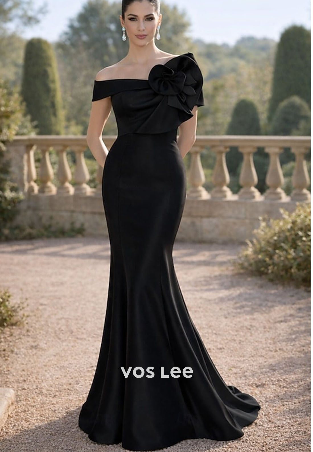Blue Off-the-Shoulder Mermaid Gown – Satin Formal Dress with Oversized Bow Detail