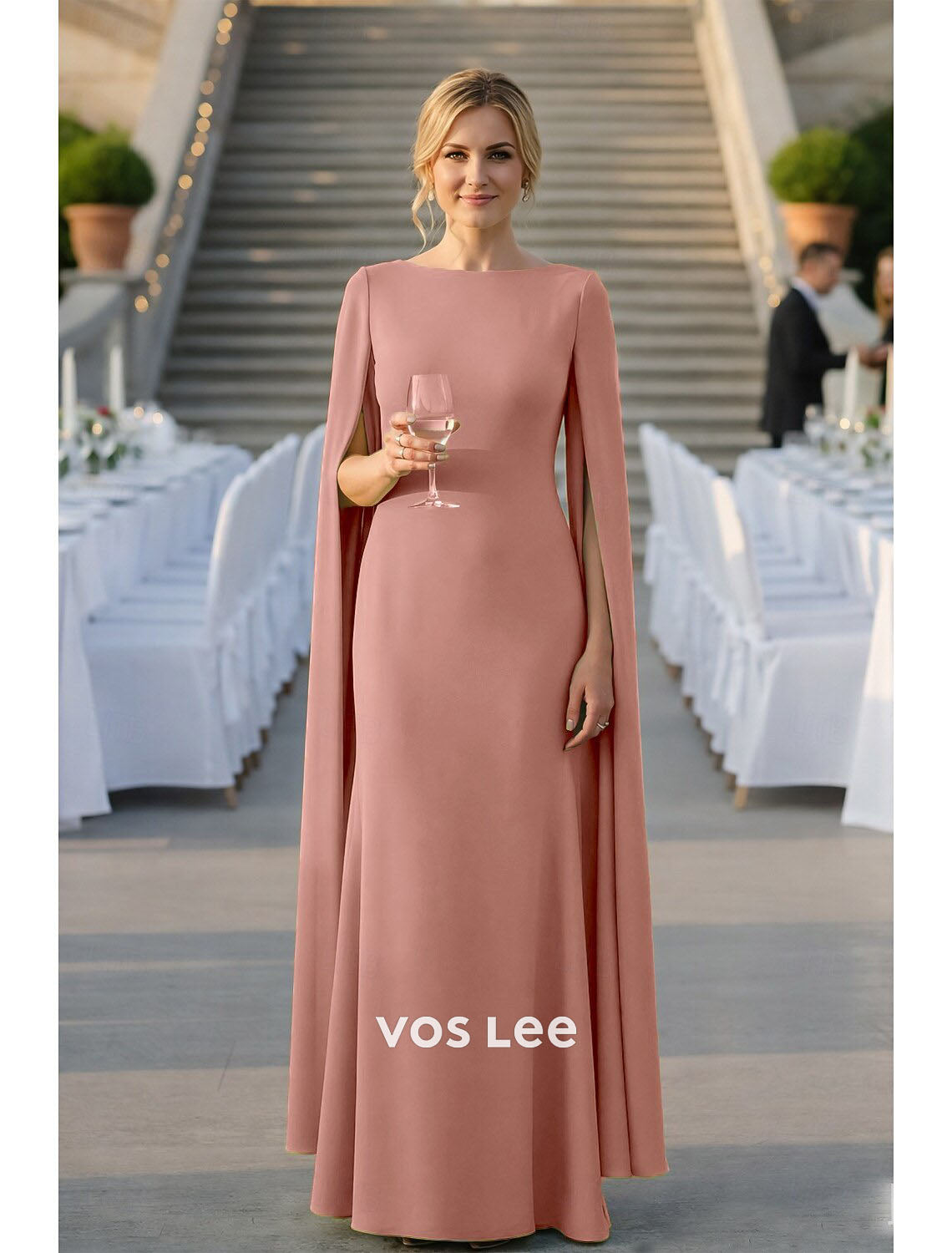 Cape-Sleeve Mermaid Gown – Formal Dress with Boat Neck
