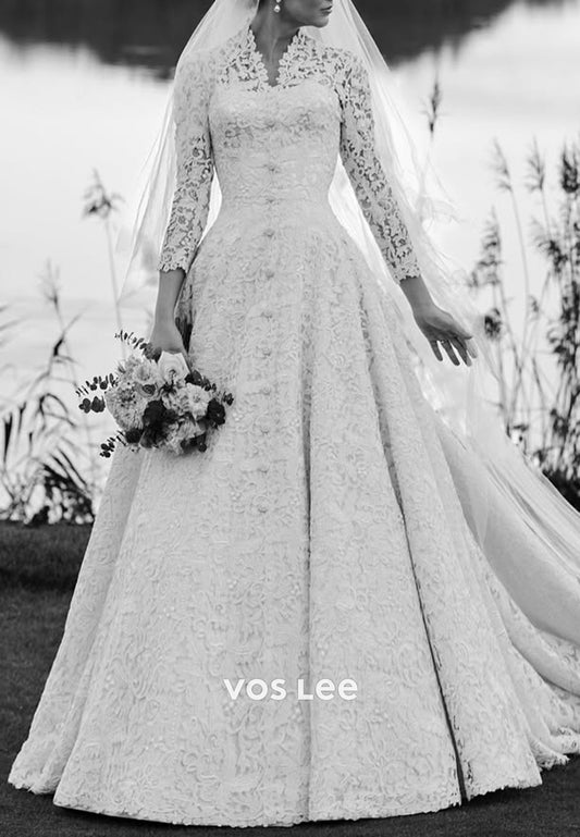 A-Line V Neck 3/4 Sleeve Lace Appliques Wedding Dresses with Chapel Train