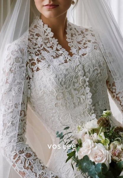 A-Line V Neck 3/4 Sleeve Lace Appliques Wedding Dresses with Chapel Train
