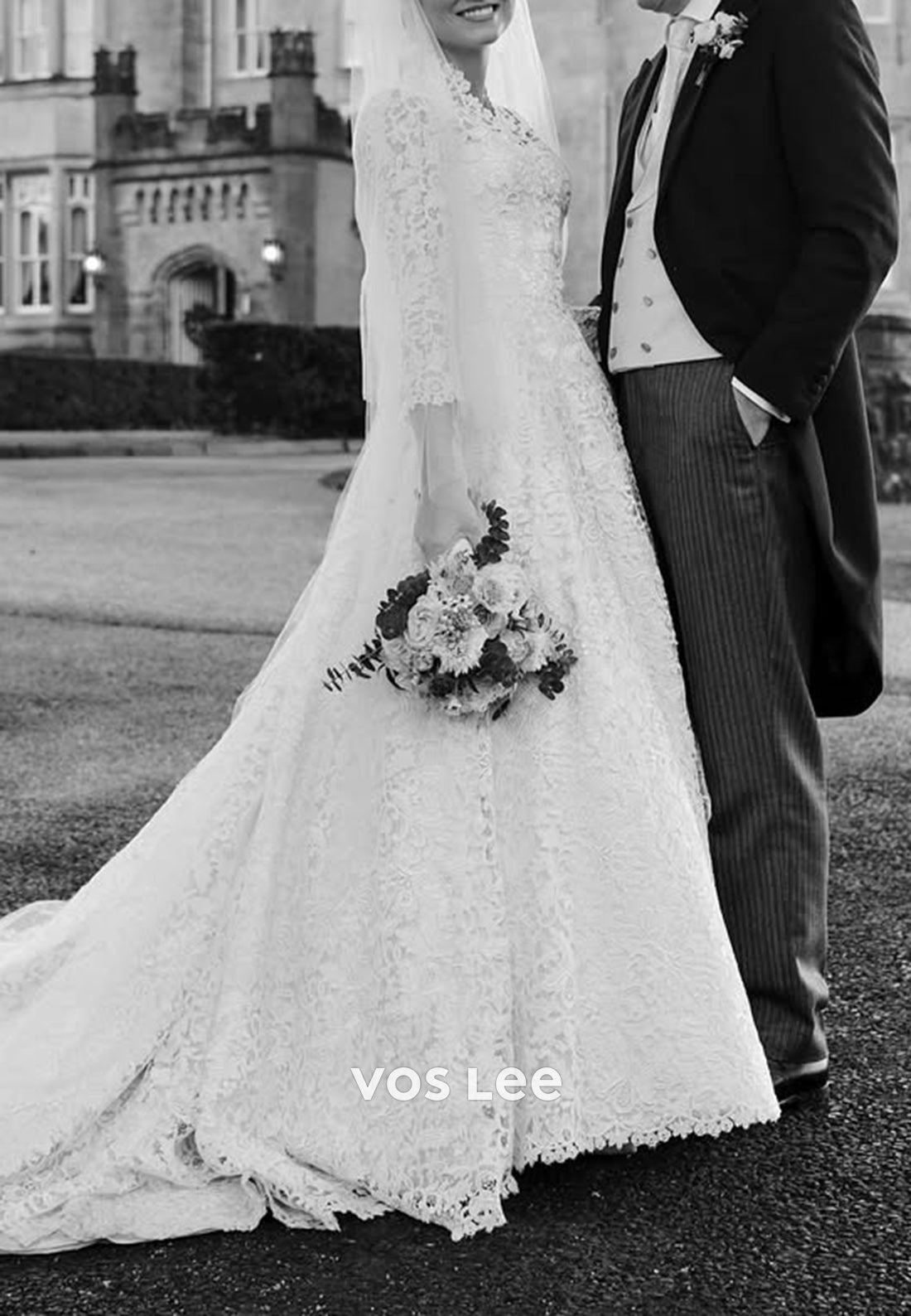 A-Line V Neck 3/4 Sleeve Lace Appliques Wedding Dresses with Chapel Train