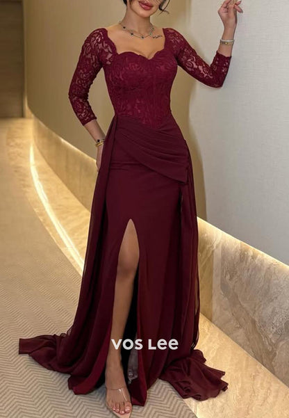 Long Sleeves Lace Ruched Mermaid Evening Formal Dresses with Court Train