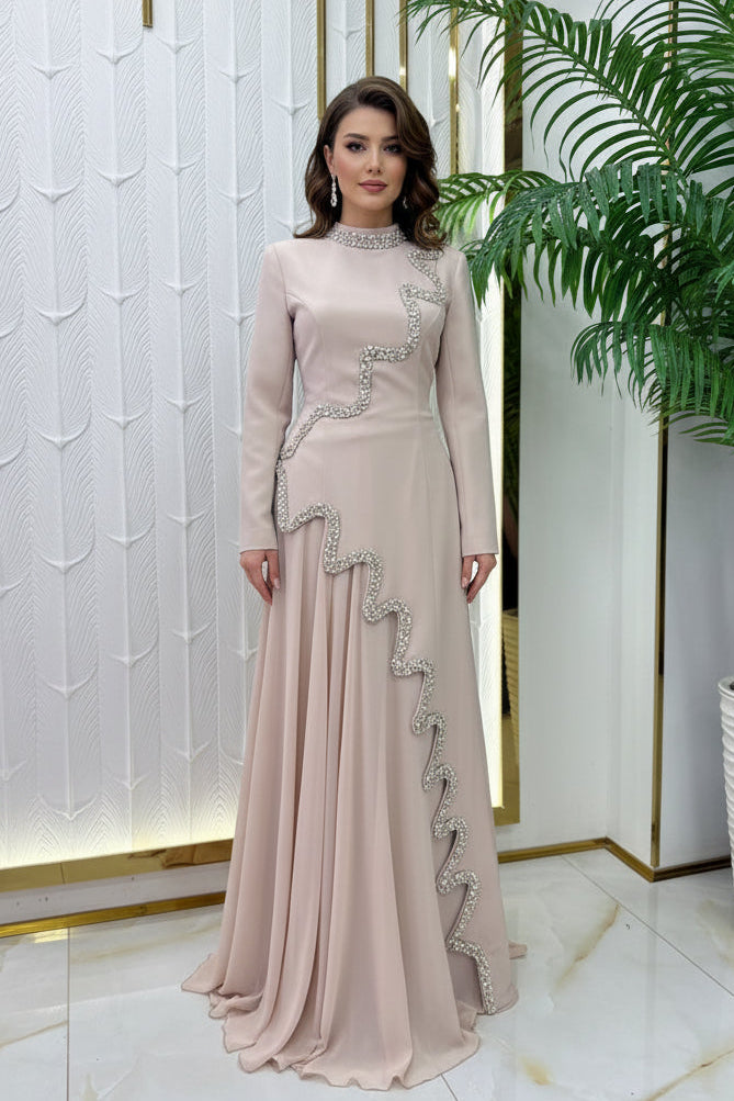 Dusty Rose Beaded Cascade Evening Gown | Long Sleeve Formal Maxi Dress