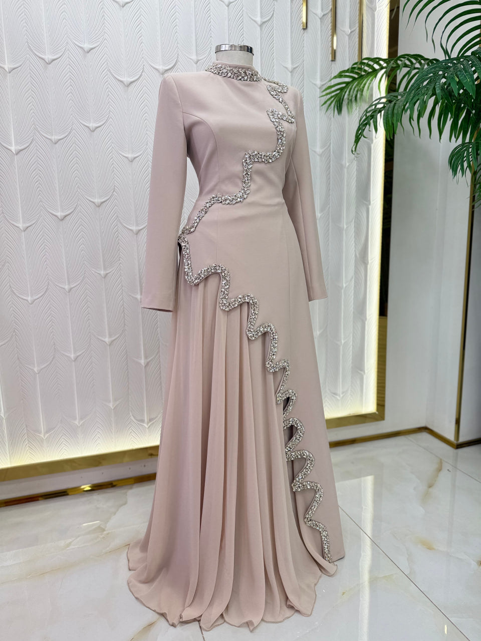 Dusty Rose Beaded Cascade Evening Gown | Long Sleeve Formal Maxi Dress