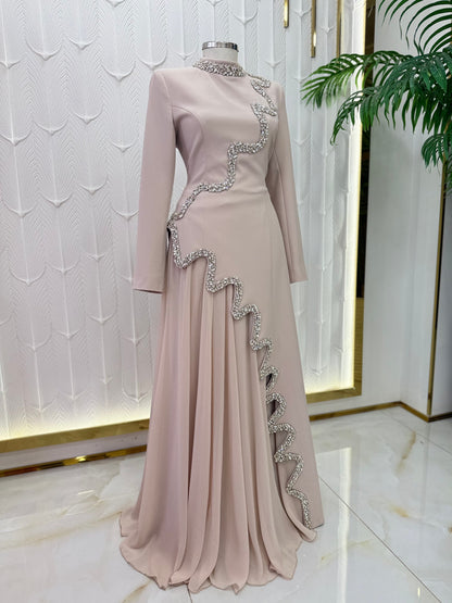 Dusty Rose Beaded Cascade Evening Gown | Long Sleeve Formal Maxi Dress