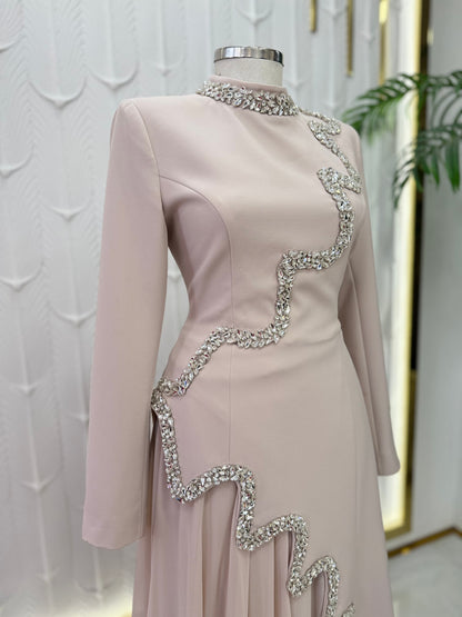 Dusty Rose Beaded Cascade Evening Gown | Long Sleeve Formal Maxi Dress