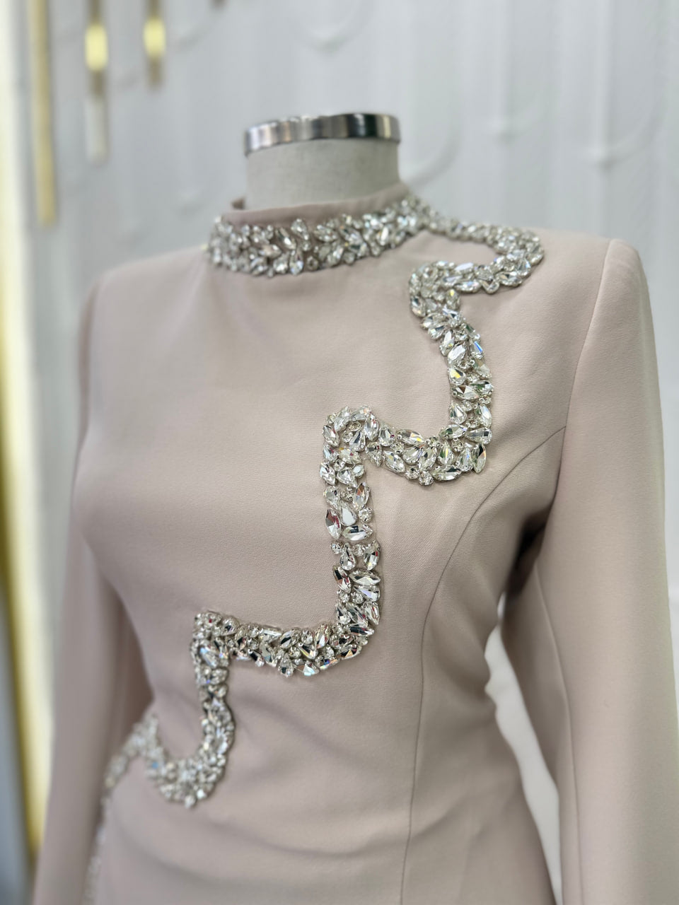 Dusty Rose Beaded Cascade Evening Gown | Long Sleeve Formal Maxi Dress