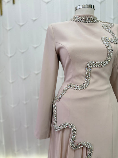 Dusty Rose Beaded Cascade Evening Gown | Long Sleeve Formal Maxi Dress