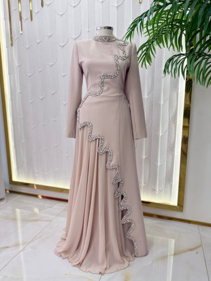 Dusty Rose Beaded Cascade Evening Gown | Long Sleeve Formal Maxi Dress