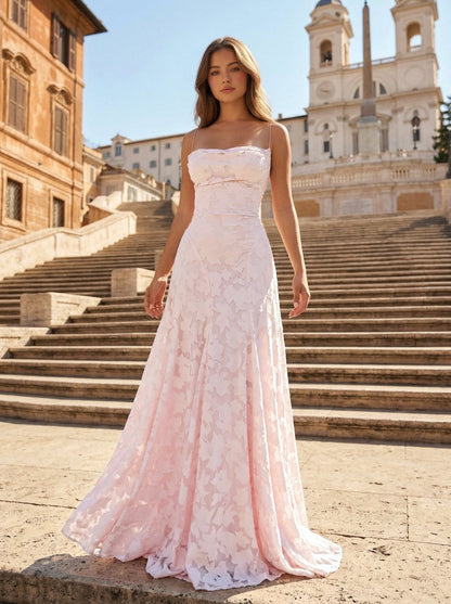 Pink A-Line Lace Floral Spaghetti Straps Long Prom Dresses