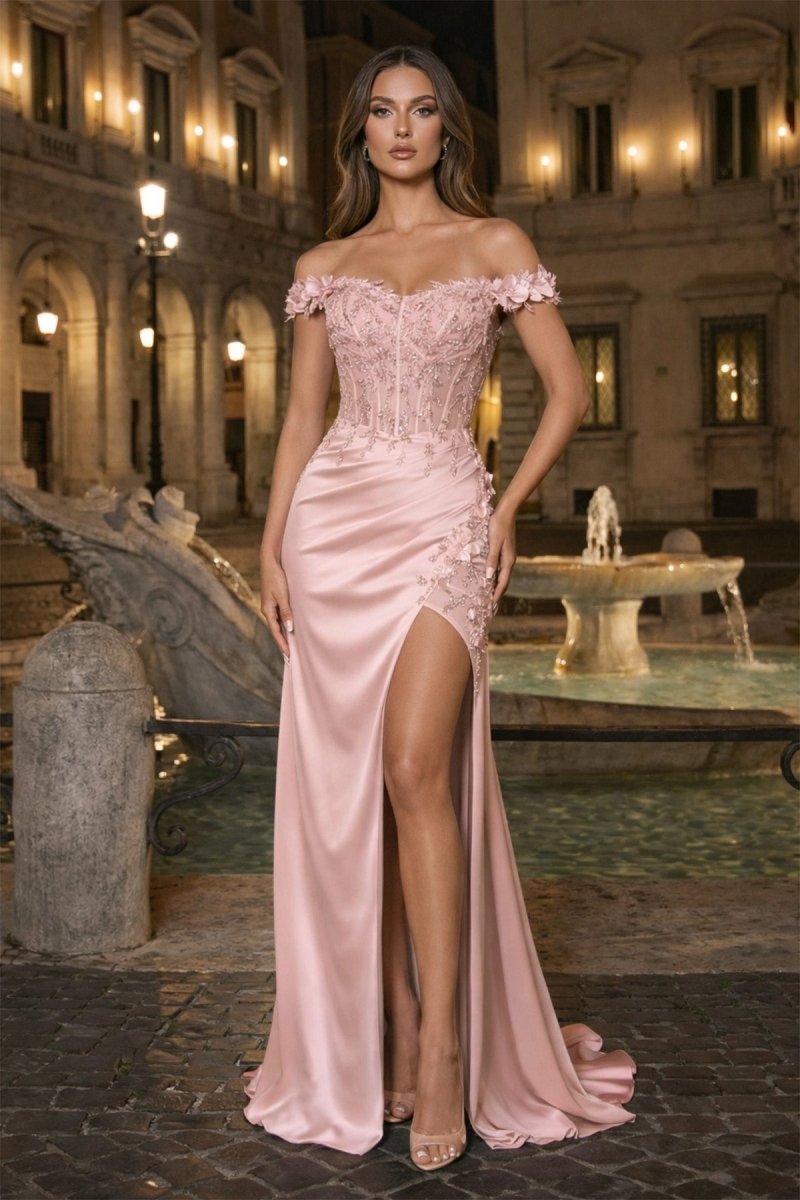 Burgundy Off The Shoulder Mermaid Beaded Satin Long Prom Dresses With Appliques