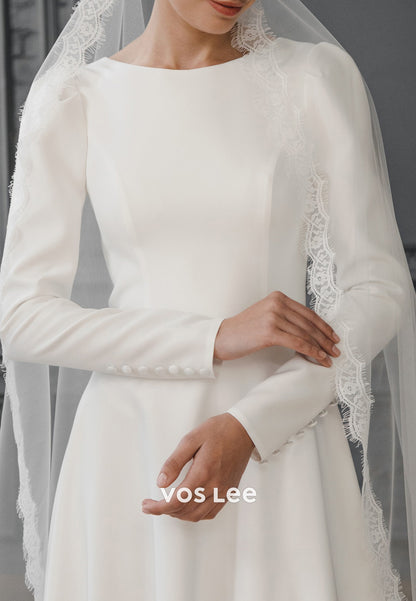 Classic & Timeless A-Line Long Sleeve Scoop Pleated Wedding Dresses with Sweep Train