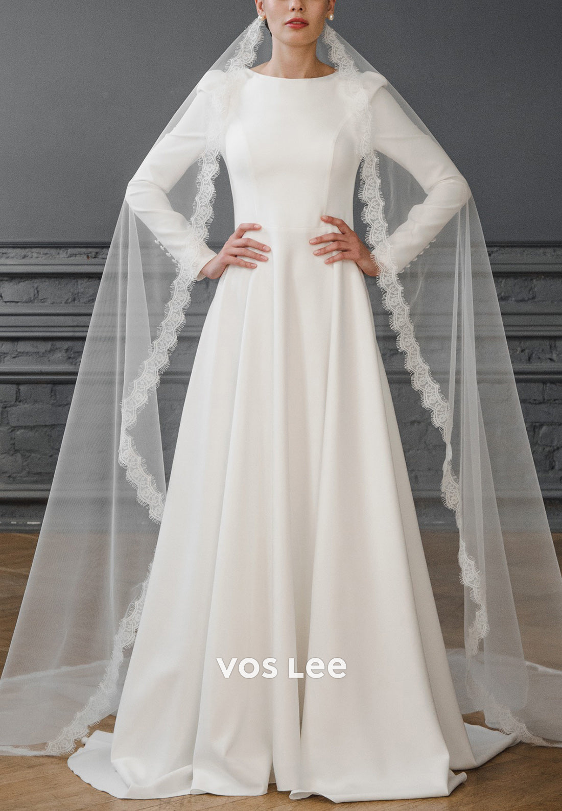 Classic & Timeless A-Line Long Sleeve Scoop Pleated Wedding Dresses with Sweep Train
