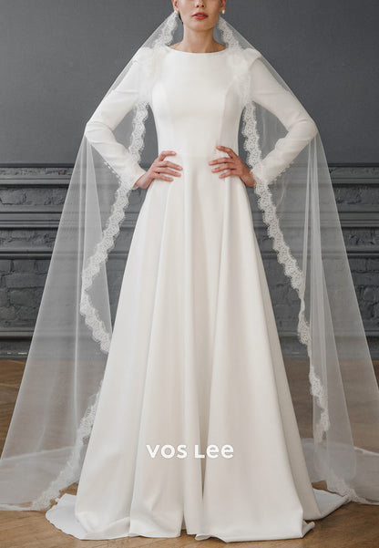 Classic & Timeless A-Line Long Sleeve Scoop Pleated Wedding Dresses with Sweep Train