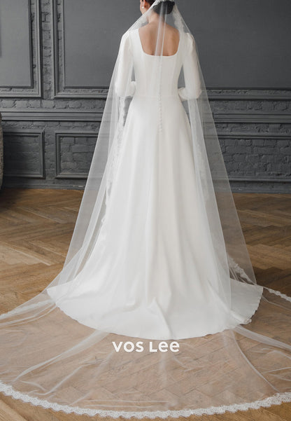 Classic & Timeless A-Line Long Sleeve Scoop Pleated Wedding Dresses with Sweep Train