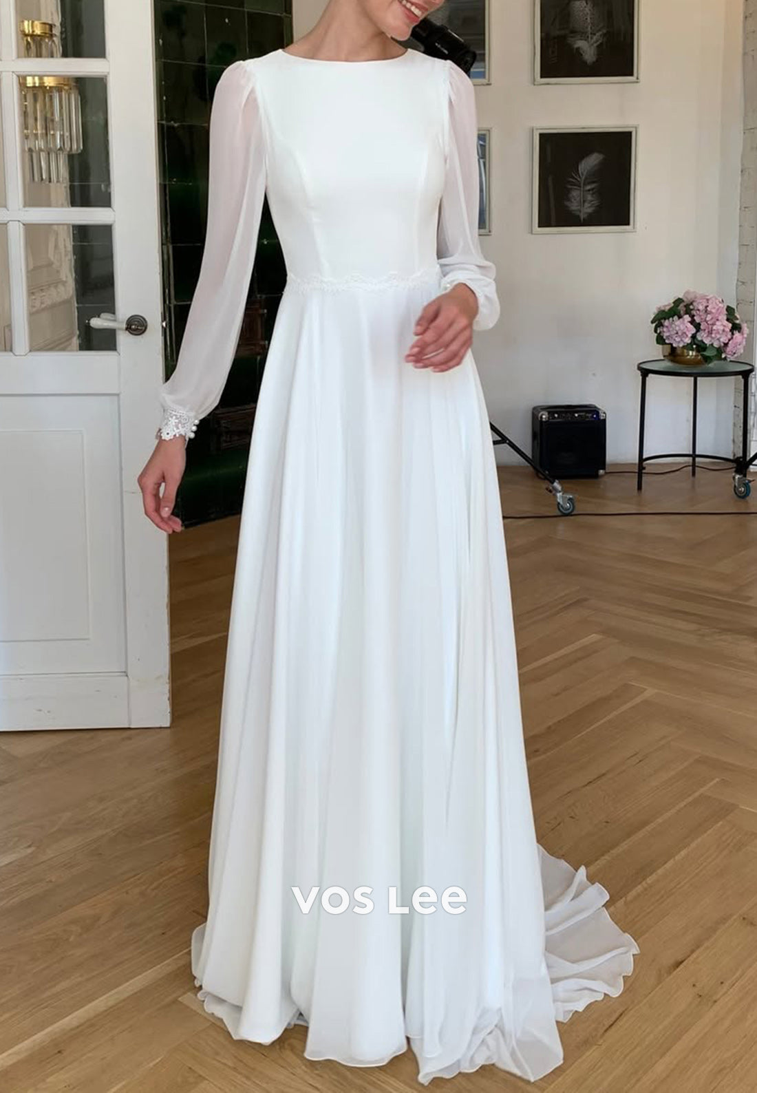 Long Sleeve Scoop Satin Pleated Wedding Dresses with Sweep Train