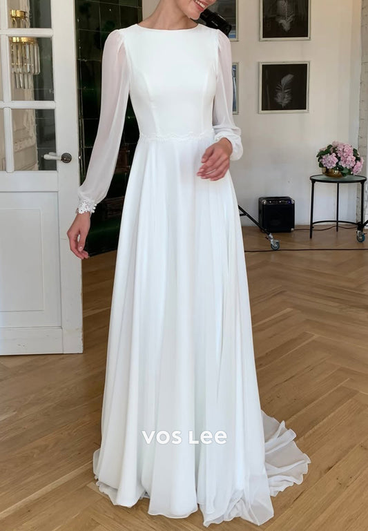 Long Sleeve Scoop Satin Pleated Wedding Dresses with Sweep Train