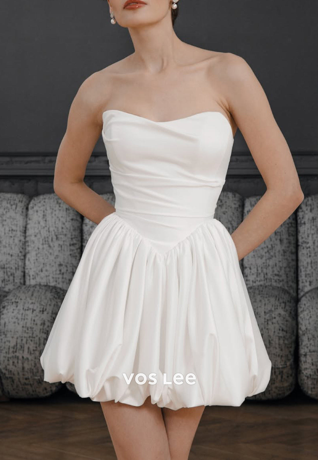 Mini A-Line Off the Shoulder Ruched Satin Simple Wedding Dresses