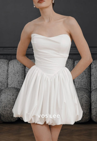 Mini A-Line Off the Shoulder Ruched Satin Simple Wedding Dresses