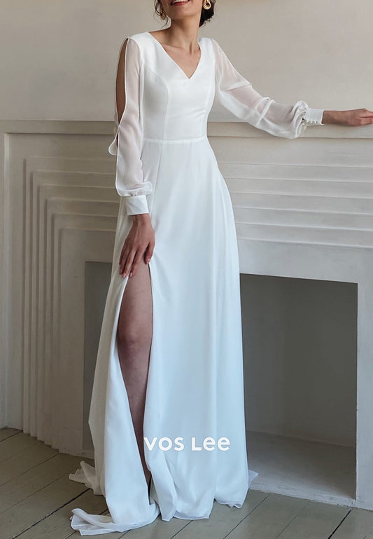 A-Line Long Sleeve V Neck Satin Wedding Dresses with Side Split
