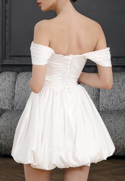 Mini A-Line Off the Shoulder Ruched Satin Simple Wedding Dresses